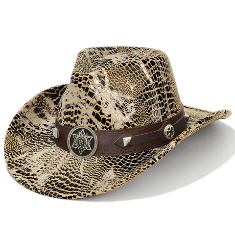 Cappello da Cowboy Western con Trama di Coccodrillo Metallizzato Fascia in Pelle Sintetica Borchie e Distintivo a Stella in Poliestere per Adulti