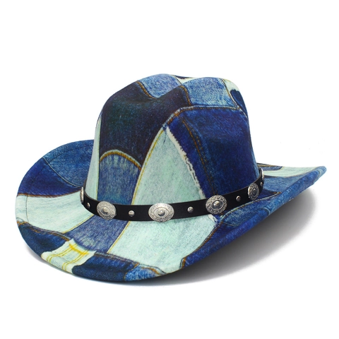 Retro Patchwork Denim Cowboyhut Für Damen Herren Western Style Breiter Krempe Fedora Mit Lederband Metallschnalle