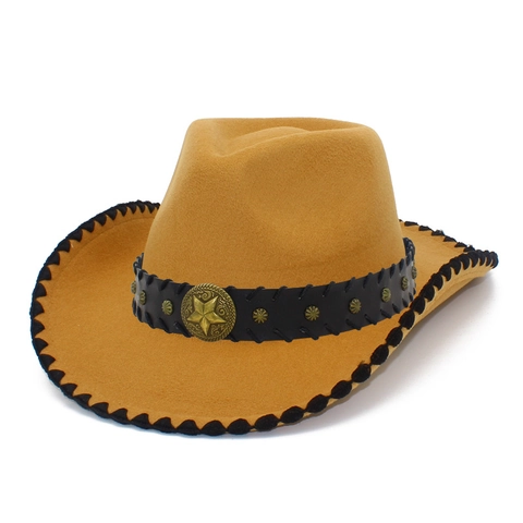 Vintage Western Cowboy Hat Wide Brim Felt Jazz Fedora Metal Star Rivet Decor Faux Leather Band Unisex Party Hat