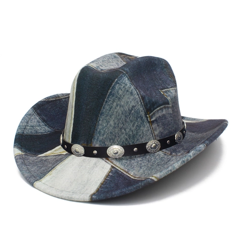 Retro Patchwork Denim Cowboyhut Für Damen Herren Western Style Breiter Krempe Fedora Mit Lederband Metallschnalle