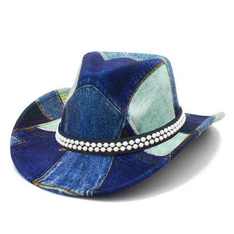 Sombrero de Vaquero Vintage con Estampado de Denim Patchwork y Banda de Perlas Artificiales Sintéticas Sombrero Fedora Western Retro Exterior
