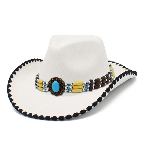Cappello da Cowboy Western Vintage per Donna Fascia Etnica con Perline e Turchese Tesa Larga Fedora Feltro Parasole