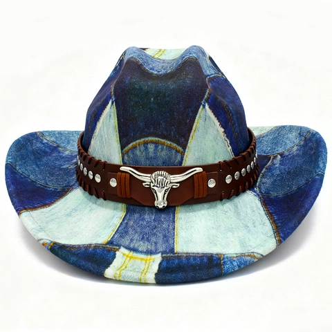 Vintage Western Cowboy Hat Denim Patchwork Distressed Fedora Hat With Steer Head Rivet Leather Band For Outdoor Travel Men Women