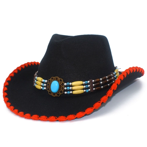 Cappello da Cowboy Western Vintage per Donna Fascia Etnica con Perline e Turchese Tesa Larga Fedora Feltro Parasole