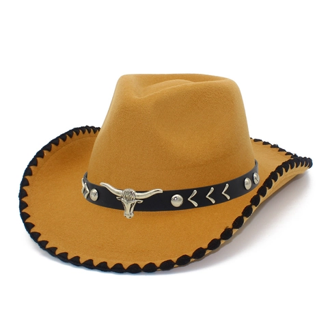 Vintage Western Cowboy Hat Contrast Locking Edge Cotton Blend Wide Brim Fedora With Metal Bull Head Leather Band Unisex