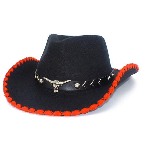 Vintage Western Cowboy Hat Contrast Locking Edge Cotton Blend Wide Brim Fedora With Metal Bull Head Leather Band Unisex