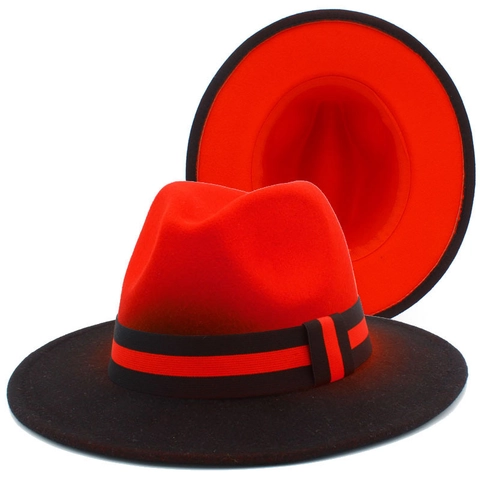 Fashion Two-Tone Split Color Fedora Hat For Men Women Classic Wide Brim Jazz Hat Cotton Blend Felt Panama Gentleman Hat