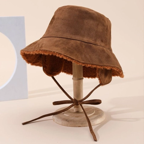 Winter Women Suede Faux Lamb Wool Earflap Bucket Hat Warm Thickened Solid Color Tied Strap Fisherman Hat Japanese Retro Cap
