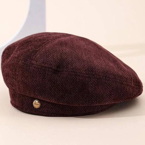 Elegante Damen Cord Baskenmütze Mit Fischgrätenmuster Und Metallknopf Vintage Winter Warme Schlägermütze Einfarbig Damen Accessoire