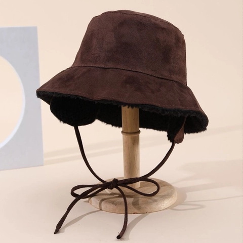 Winter Women Suede Faux Lamb Wool Earflap Bucket Hat Warm Thickened Solid Color Tied Strap Fisherman Hat Japanese Retro Cap