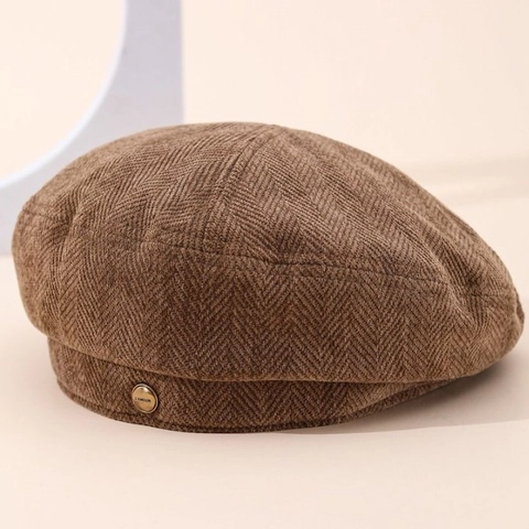 Elegante Damen Cord Baskenmütze Mit Fischgrätenmuster Und Metallknopf Vintage Winter Warme Schlägermütze Einfarbig Damen Accessoire