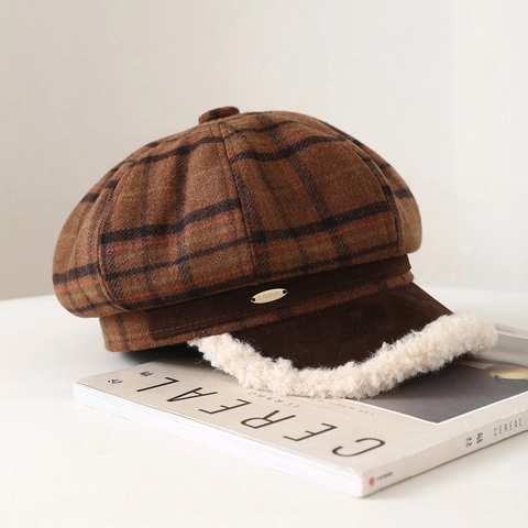 Vintage Japanese Plaid Beret Hat For Women Autumn Winter Warm Newsboy Cap With Faux Lamb Wool Trim Retro Fashion Painter Hat