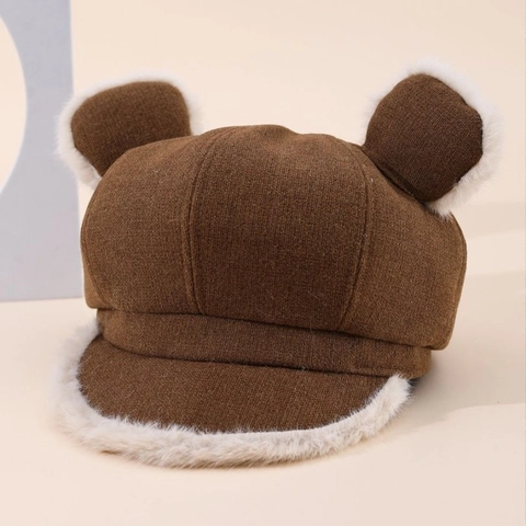 Cappello Baker Boy da Donna con Orecchie di Gatto in Peluche Autunno Inverno Caldo Cotone Ottagonale Bordo in Pelliccia
