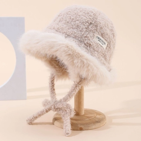 Women Winter Plush Bucket Hat Faux Fur Trim Warm Knit Ear Protection Cap With Strap Korean Cute Solid Color Fluffy Hat