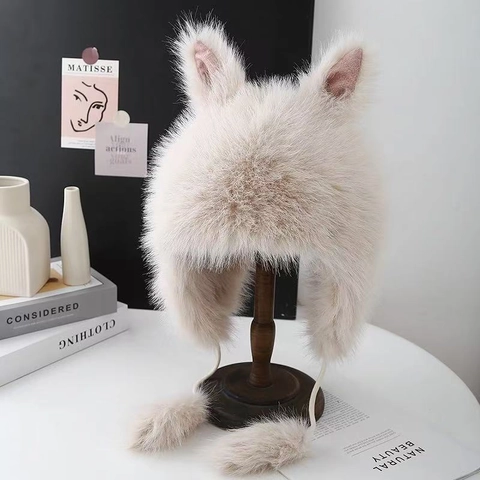 Cappello Peluche con Orecchie da Coniglio per Donna Morbido Berretto Paraorecchi in Pelliccia Sintetica Caldo Inverno Autunno Stile Coreano Pom Pom