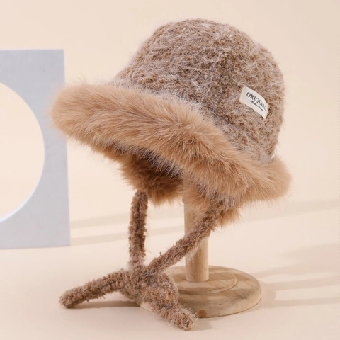 Women Winter Plush Bucket Hat Faux Fur Trim Warm Knit Ear Protection Cap With Strap Korean Cute Solid Color Fluffy Hat