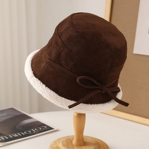Sombrero de Pescador de Gamuza Sintética Vintage para Mujer Con Forro de Lana de Cordero Sintética Cálido Invierno Lazo Antivento