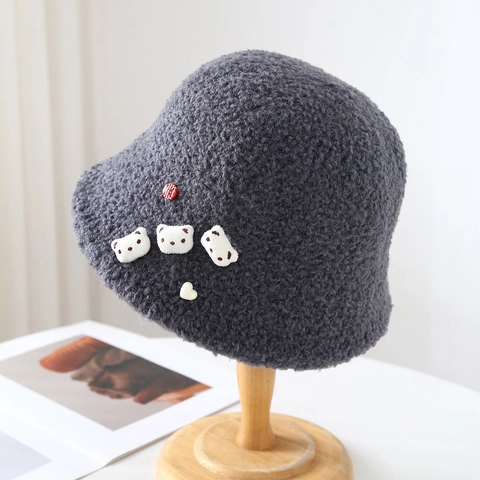 Women's Cute Bear Sherpa Fleece Bucket Hat Japanese Style Warm Plush Bucket Hat For Autumn Winter Outdoor Windproof Hat