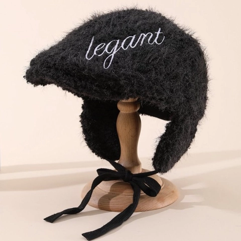 Women Vintage Plush Earflap Beret Hat Winter Warm Windproof Painter Hat With Letter Embroidery And Bow Tie Design