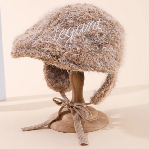 Women Vintage Plush Earflap Beret Hat Winter Warm Windproof Painter Hat With Letter Embroidery And Bow Tie Design
