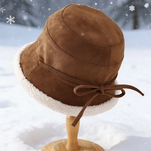 Sombrero de Pescador de Gamuza Sintética Vintage para Mujer Con Forro de Lana de Cordero Sintética Cálido Invierno Lazo Antivento