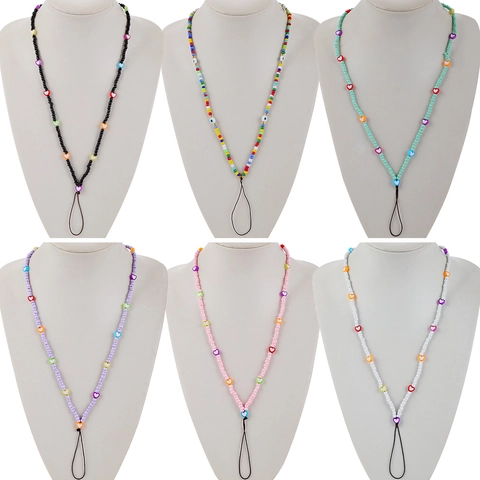 Handmade Colorful Seed Bead Heart Evil Eye Phone Lanyard Long Neck Strap For Women Fashion Anti-Lost Mobile Phone Chain Accessories