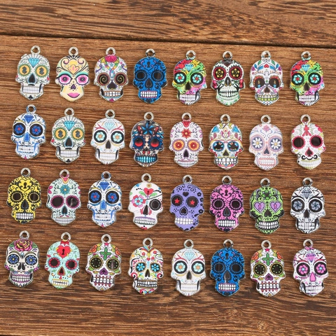 Bunte Zucker-Totenkopf-Anhänger Aus Emaille Halloween-Tag Der Toten Charms Für DIY Halskette Armband Schmuckherstellung