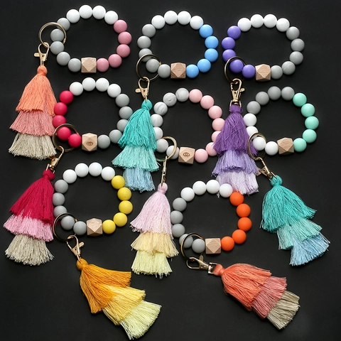 Women Silicone Beaded Keychain Wristlet With Three Layer Tassel Natural Wooden Bead Key Ring Bangle For Keys Accessories