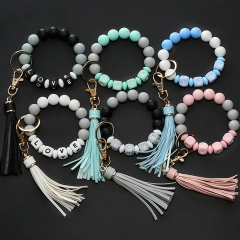 Silicone Bead Keychain Wristlet For Women LOVE Letter Beads Bangle Keychain With PU Leather Tassel Anti-Lost Hand Ring Keyring