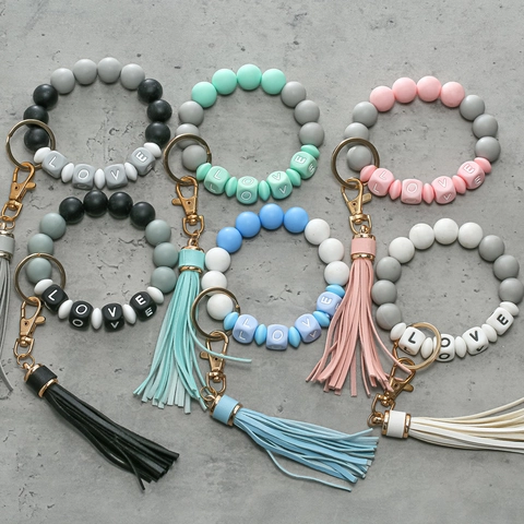 Silicone Bead Keychain Wristlet For Women LOVE Letter Beads Bangle Keychain With PU Leather Tassel Anti-Lost Hand Ring Keyring