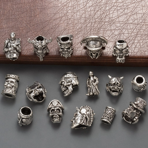 Perles Vintage en Alliage Viking Crâne Nœud Celtique Argent Antique Grand Trou pour Cheveux Barbe Paracord Bijoux DIY
