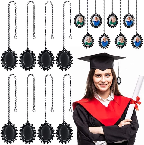 Vintage Alloy Oval Photo Charm Pendant For Graduation Cap Tassel Memorial DIY Jewelry Making Black Silver Antique Bronze