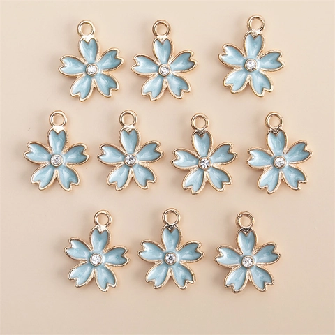 Enamel Alloy Cherry Blossom Flower Charms Rhinestone Inlaid Pendants For DIY Jewelry Making Necklaces Bracelets Earrings Materials
