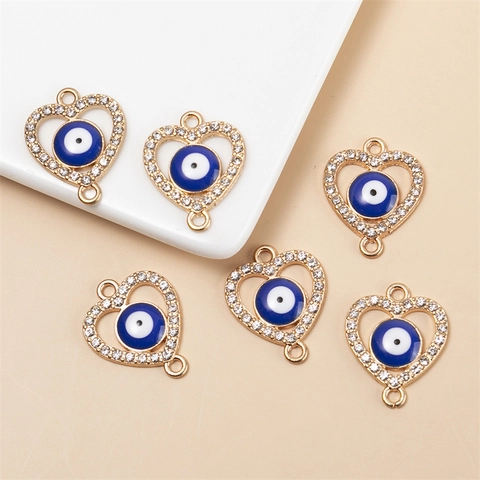 Conectores de Joyas de Mal de Ojo de Corazón Aleación Strass Azul Mal de Ojo Dije Para DIY Pulsera Collar Fabricación de Joyas Hallazgos Colgantes Para Mujeres