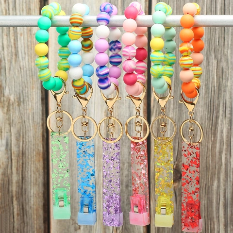 Silicone Bead Wristlet Keychain Card Clip Holder Alloy Ring Acrylic Bracelet Key Ring For Long Nails Women Card Grabber