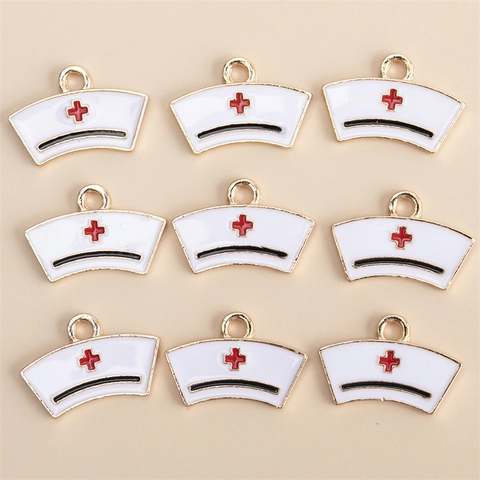 Enamel Alloy White Nurse Hat Pendant DIY Jewelry Making Findings Medical Red Cross Medical Theme Charm Accessory For Jewelry DIY