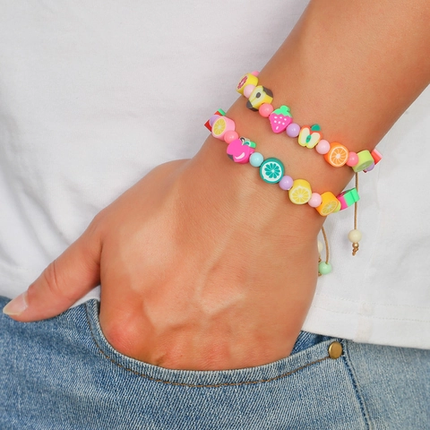 Handmade Multicolor Fruit Polymer Clay Beaded Woven Bracelets Colorful Strawberry Lemon Watermelon String Bracelet Fashion Jewelry