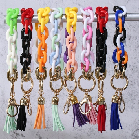 Acrylic Chunky Chain Bracelet Keychain With PU Tassel Colorful Plastic Wristlet Bag Charm Key Ring Fashion Jewelry Accessories