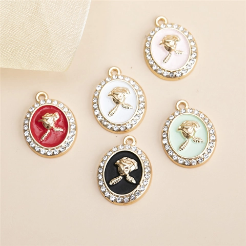 Legierung Strass Rose Blume Emaille Anhänger Oval Relief Floral DIY Schmuckherstellung Charms Für Halskette Armband Damen Geschenk