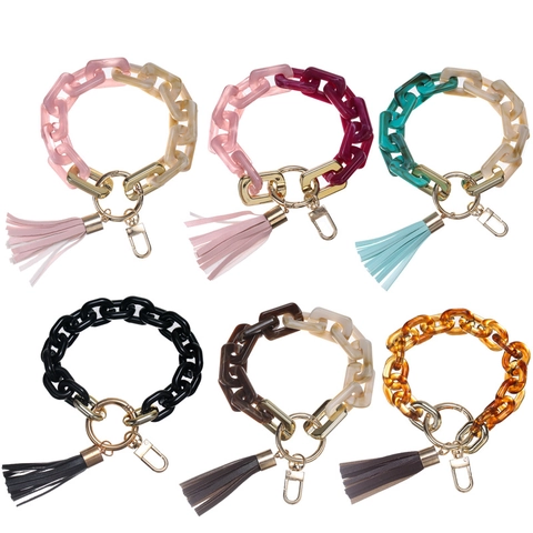 Llavero de Pulsera de Cadena Gruesa de Acrílico Con Borla de Cuero Artificial Anillo de Metal Dorado Llavero de Moda Para Mujer Accesorios de Bolso