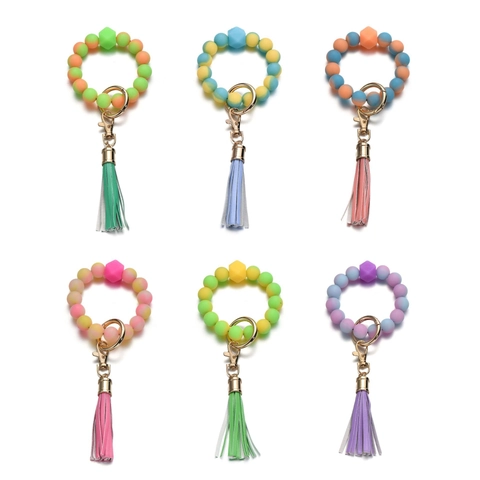 Luminous Silicone Bead Wristlet Keychain For Women Fashion Gradient Color Bracelet Key Ring With Tassel Alloy Lobster Clasp