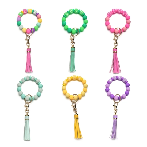 Silicone Bead Keychain Wristlet For Women XOXO Letter Luminous Glow In The Dark With Leather Tassel Alloy Key Ring Gift