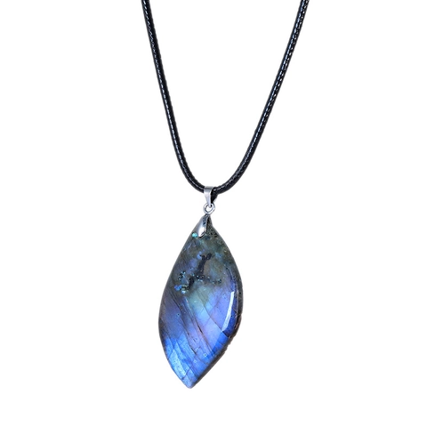 Natural Labradorite Leaf Shape Pendant Necklace For Women Blue Flash Stone Wax Rope Chain Handcrafted Gemstone Jewelry Gift