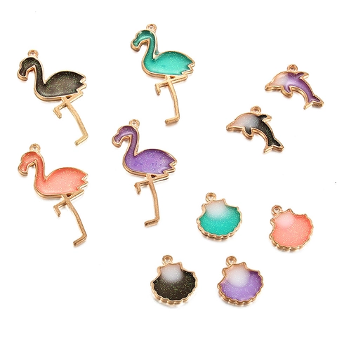 Enamel Alloy Animal Marine Life Charms Flamingo Dolphin Scallop Pendants With Glitter For DIY Bracelet Jewelry Making