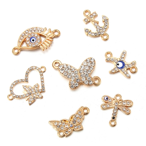 Connecteurs en Alliage Plaqué Or Avec Strass Papillon Libellule Mauvais Œil Ancre Étoile de Mer Cœur pour Fabrication de Bijoux DIY