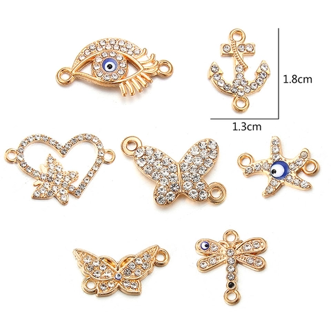 Connecteurs en Alliage Plaqué Or Avec Strass Papillon Libellule Mauvais Œil Ancre Étoile de Mer Cœur pour Fabrication de Bijoux DIY