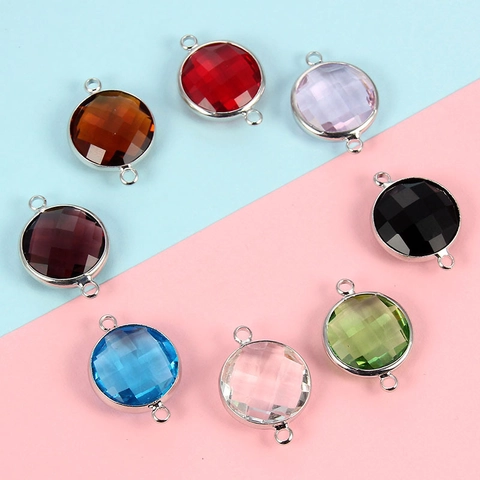 Faceted Glass Round Pendants Silver Alloy Frame Double Loop Connectors For DIY Necklace Bracelet Making Jewelry Finding