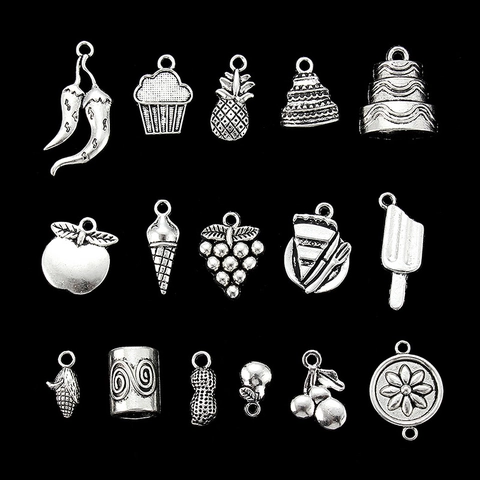 Vintage Zinc Alloy Fruit Food Pendants For DIY Jewelry Making Antique Silver Pineapple Cupcake Apple Grapes Chili Charms