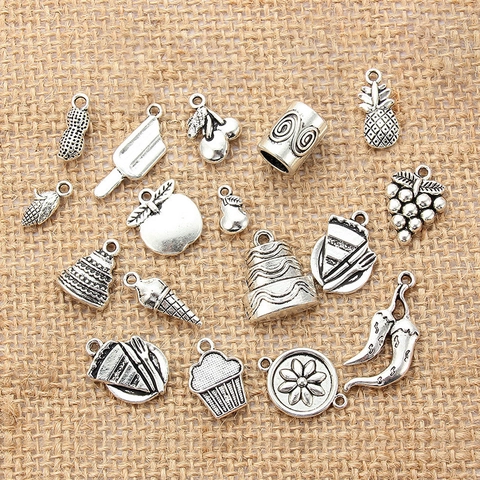 Vintage Zinc Alloy Fruit Food Pendants For DIY Jewelry Making Antique Silver Pineapple Cupcake Apple Grapes Chili Charms