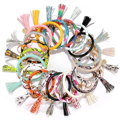 Mode PU Leder O-Ring Schlüsselanhänger Armband Mit Quaste Anhänger Armband Schlüsselring Für Damen Schlangen Leopard Muster Schmuck Geschenk